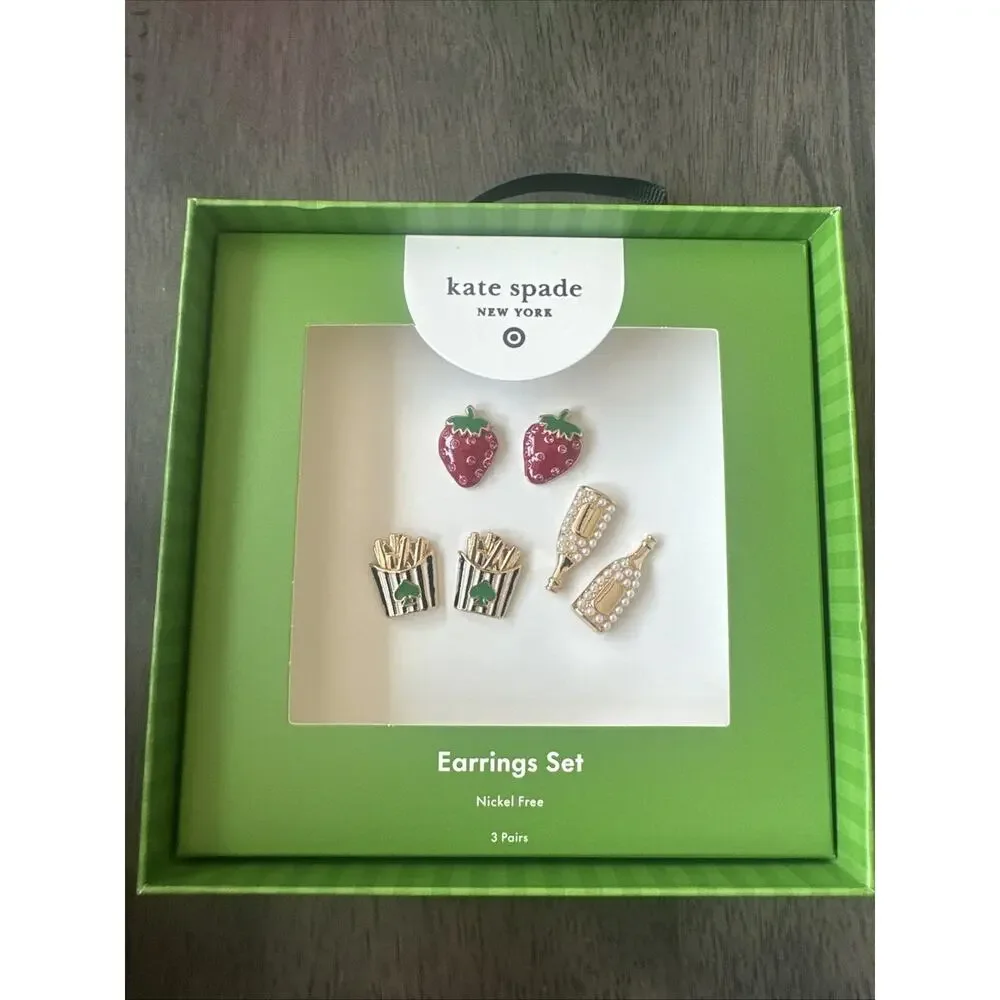 Kate Spade x Target Stud Earrings - Strawberry, French Fries, Champagne 3 Pairs